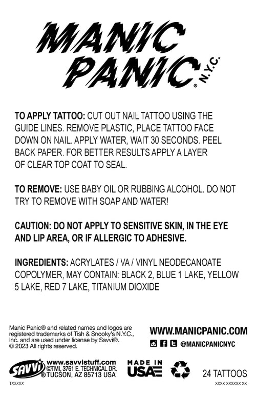 Black and white instruction on and cautions on how to apply Manic Panic Nail Tattoos