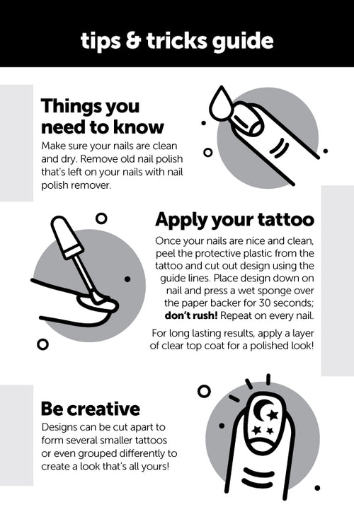 Black and white instruction with photos on and cautions on how to apply Manic Panic Nail Tattoos