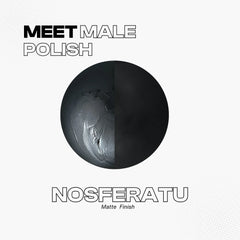 Manic Panic Male Polish Nosferatu nail polish swatch in matte black, split between textured black and smooth deep black finish. Text reads ‘Meet Male Polish Nosferatu – Matte Finish