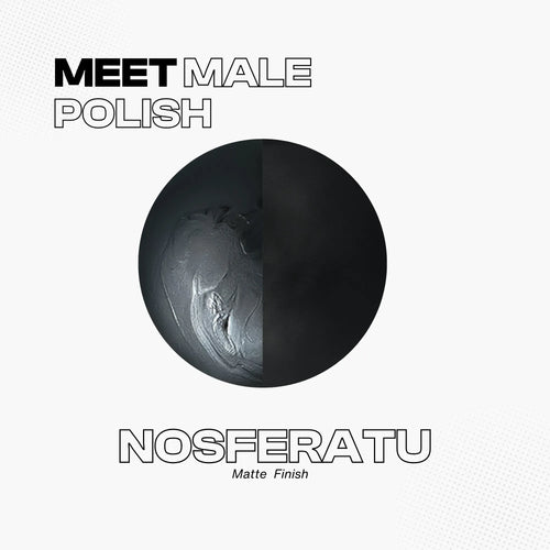 Manic Panic Male Polish Nosferatu nail polish swatch in matte black, split between textured black and smooth deep black finish. Text reads ‘Meet Male Polish Nosferatu – Matte Finish