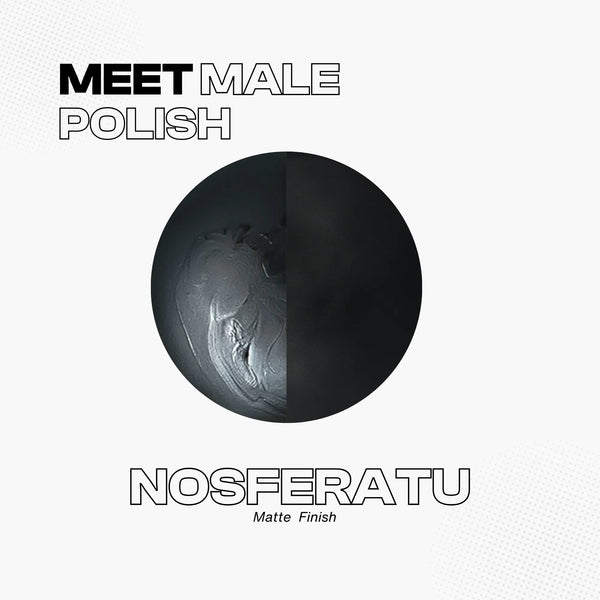 Manic Panic Male Polish Nosferatu nail polish swatch in matte black, split between textured black and smooth deep black finish. Text reads ‘Meet Male Polish Nosferatu – Matte Finish