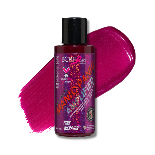 Bottle of Manic Panic Amplified hair color with a pink swatch on a white background