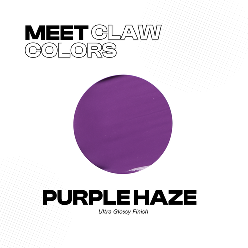 Purple nail polish color swatch with 'Meet Claw Colors' text on a white background