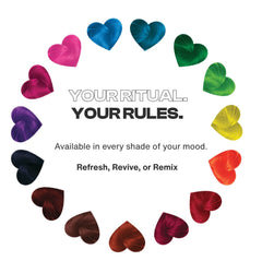 Colorful heart-shaped petals arranged in a circle with text on a white background