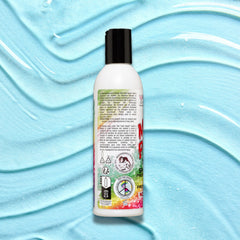 Manic Panic Not Fade Away Color Safe shampoo back of bottle on a blue textured background