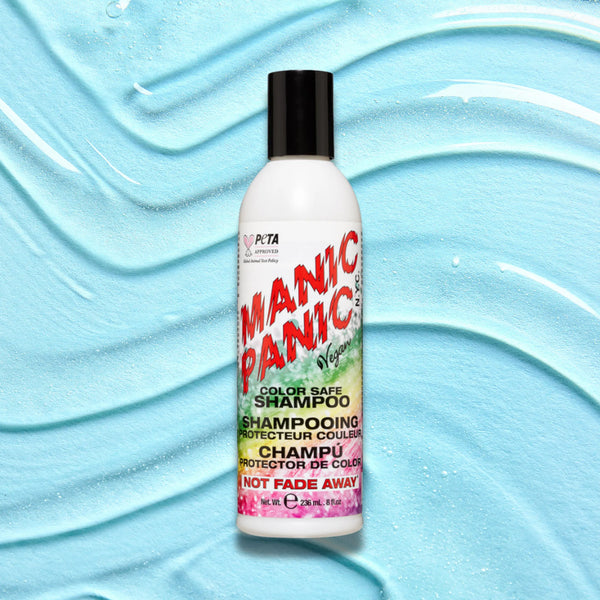 Manic Panic Not Fade Away Color Safe shampoo bottle on a blue textured background
