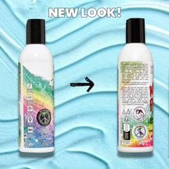 Two bottles Not Fade Away Color Safe shampoo back of bottle product with new and old label designs on a blue textured background with "New Look!" text
