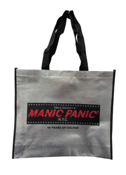 Silver tote bag with Manic Panic Logo