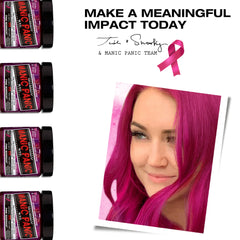 Manic Panic Classic® Pink Warrior® semi-permanent hair dye, showing four jars of bright cool-toned pink dye stacked vertically. A model with vivid pink hair smiles on the right. The top of the image features the text ‘Make a Meaningful Impact Today’ and a pink breast cancer ribbon