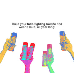 Colorful hair care products with hands holding them against a white background, text encouraging a 'fade-fighting routine'.