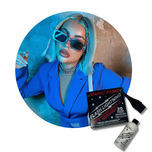A circular lifestyle-style product composition showing a woman with blue-tinted sunglasses and a bright blue blazer, alongside a black clapperboard-style item labeled 'MANIC PANICS FLASH LIGHTNING' and a small white bottle labeled 'FLASH LIGHTNING' on a white background.