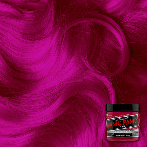 A jar of Manic Panic Hot Hot Pink hair color with a hair swatch background. 