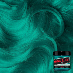 A jar of Mermaid hair color with a hair swatch background.