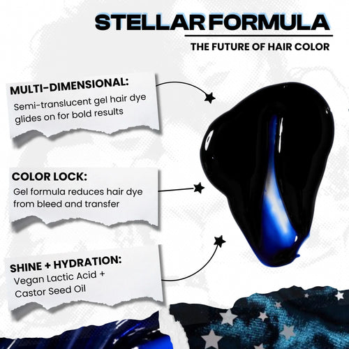 Manic Panic Inter-GEL-actic™ Hair Color Kit Celestine Blue gel hair dye swatch showing deep space blue semi-permanent color formula texture