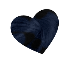 Heart-shaped hair swatch showcasing Love Color Black Kat Color Depositing Conditioner cool-toned black shade with blue undertones