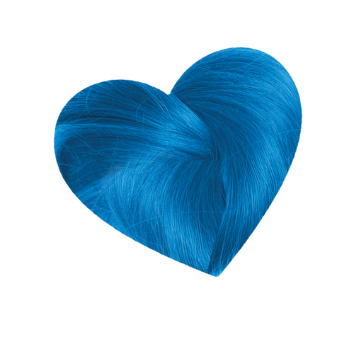 heart shaped hair swatch showcasing Love Color Blue Valentine Color Depositing Conditioner bright cobalt blue results 