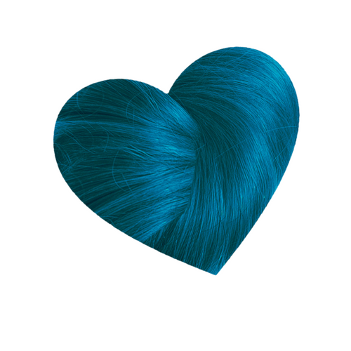 Heart shaped hair swatch of Love Color Teal Temptress color depositing conditioner medium cyan blue green results 