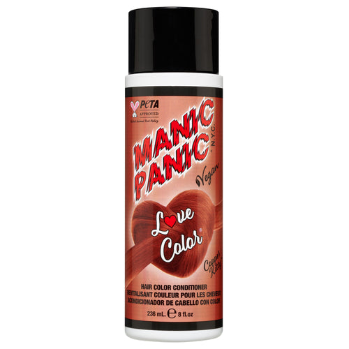 A bottle of Manic Panic® LOVE COLOR™ hair conditioner in "Love Color" shade with a red and black design, marked as vegan and PETA-approved, containing 236 mL of product.