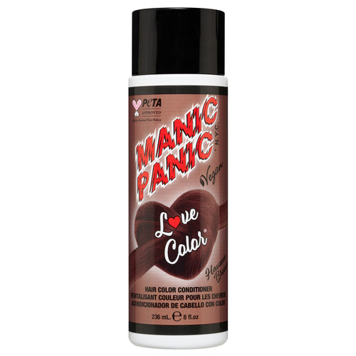 A bottle of Manic Panic® LOVE COLOR™ hair conditioner in "Love Color" shade with a red and black design, marked as vegan and PETA-approved, containing 236 mL of product.