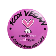 Pink badge with '100% Vegan' and 'cruelty free and vegan' text on a white background
