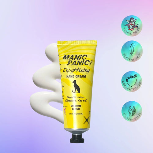 Manic Panic hand cream tube on a gradient purple background with brand logos.