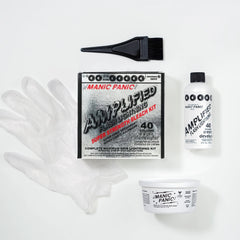 Manic Panic Amplified Flash Lightning 40 Volume Bleach Kit with developer bottle, bleach powder, tint brush, and protective gloves on a white background.