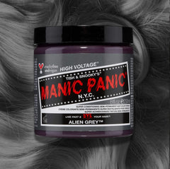 Manic Panic Classic High Voltage semi-permanent hair dye in shade 8 oz Alien Grey - a vibrant, vegan hair color. Image shows a jar of 8 oz Alien Grey - hair dye placed on top of a wavy   grey - hair swatch.
