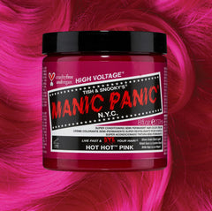 Manic Panic Classic High Voltage semi-permanent hair dye in shade 8 oz Hot Hot Pink a vibrant, vegan hair color. Image shows a jar of 8 oz Hot Hot Pink hair dye placed on top of a wavy 8 oz bright pink hair swatch.
