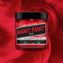 Manic Panic Classic High Voltage semi-permanent hair dye in shade Rock 'N' Roll Red a vibrant, vegan hair color. Image shows a jar of Rock 'N' Roll Red hair dye placed on top of a wavy vibrant red  hair swatch.
