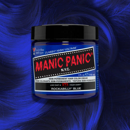 Manic Panic Classic High Voltage semi-permanent hair dye in shade Rockabiilly Blue a vibrant, vegan hair color. Image shows a jar of Rockabiilly Blue hair dye placed on top of a wavy bold  blue hair swatch.
