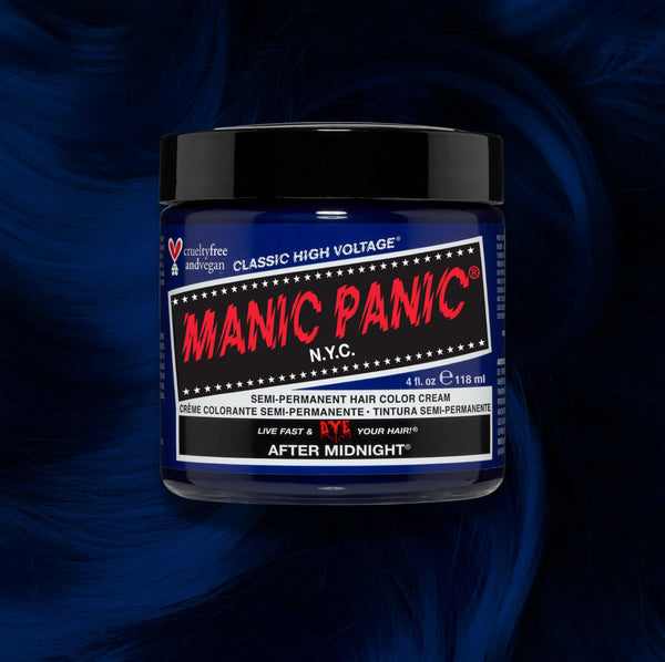 Manic Panic Classic High Voltage semi-permanent hair dye in shade After Midnight a vibrant, vegan hair color. Image shows a jar of After Midnight hair dye placed on top of a wavy after midnight hair swatch.
