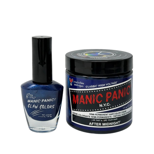 Manic Panic after midnight claw colors nail polish bottle and after midnight classic highvoltage  hair dyejar on a white background