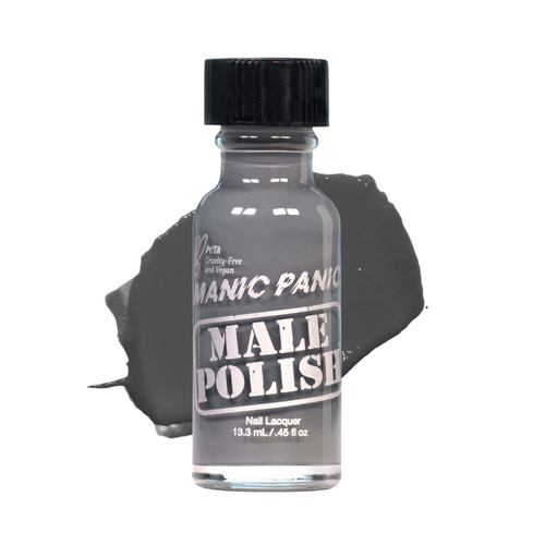 Bottle of Manic Panic Male Polish nail lacquer on a white background with a dark, smoky grey liquid swatch 