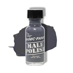 Bottle of Manic Panic Male Polish nail lacquer on a white background with a dark, smoky grey liquid swatch 