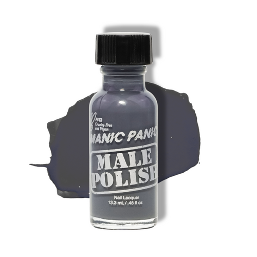 Bottle of Manic Panic Male Polish nail lacquer on a white background with a dark, smoky grey liquid swatch 