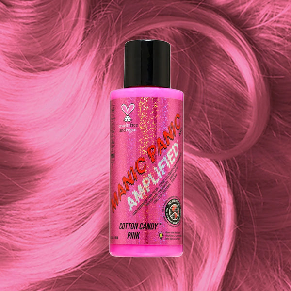Manic Panic Amplified Cotton Candy Pink dye bottle on pastel pink wavy hair background