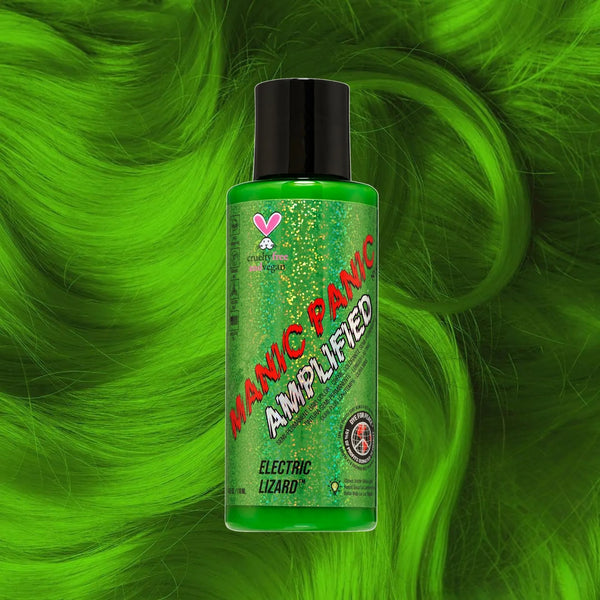 Manic Panic Amplified Electric Lizard neon green hair dye bottle on lime green wavy hair background