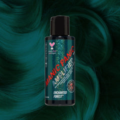 Manic Panic Amplified Enchanted Forest hair dye bottle on deep teal green wavy hair background