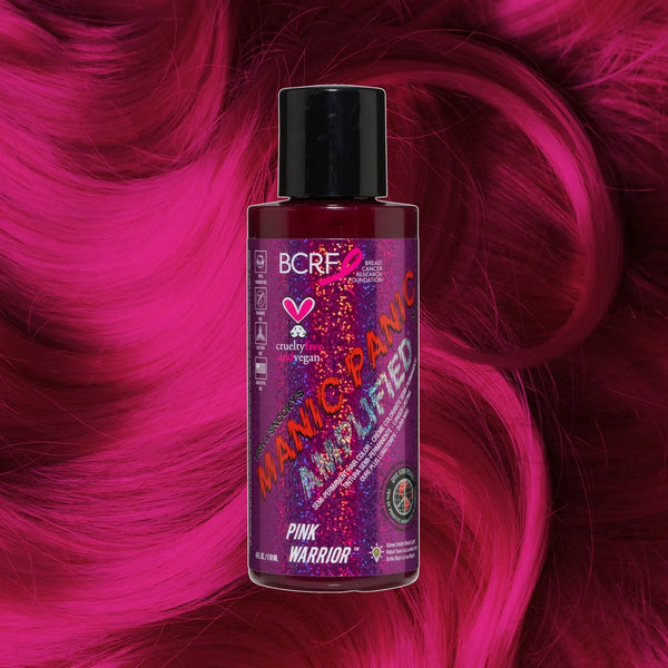 Manic Panic Amplified Pink Warrior bottle on hot pink wavy hair background