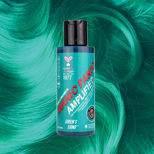 Manic Panic Amplified Siren’s Song turquoise hair dye bottle on teal wavy hair background.