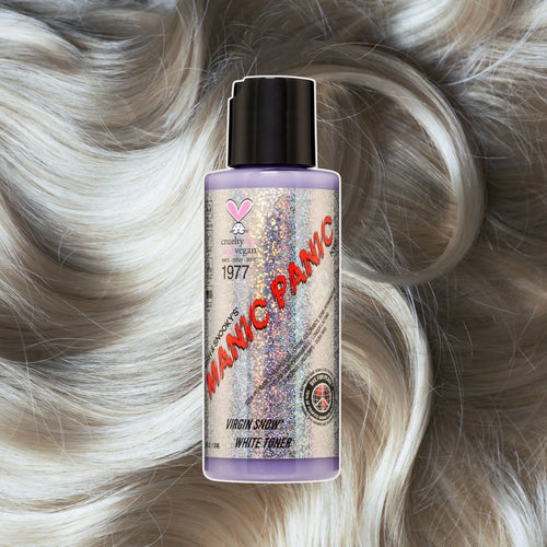 “Manic Panic Amplified Virgin Snow toner bottle on silver-white wavy hair background