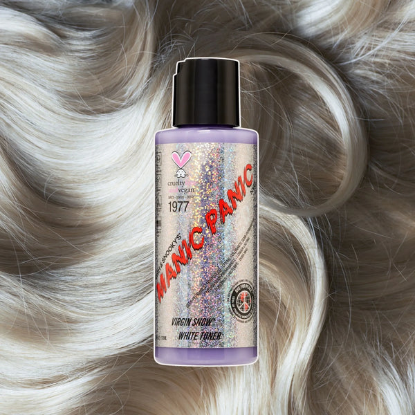 “Manic Panic Amplified Virgin Snow toner bottle on silver-white wavy hair background