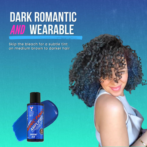 Woman with styled hair next to a bottle of shocking blue hair dye with text about hair color and style.