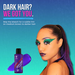 Advertisement for hair product with a woman and product bottle on a gradient blue and green background