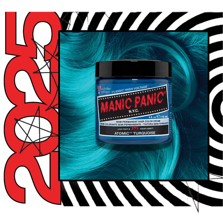 Manic Panic Top Hair Colors 2025 banner featuring Atomic Turquoise jar with top trending semi-permanent hair dy