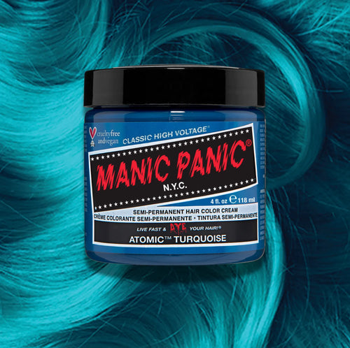 Manic Panic Atomic Turquoise Classic High Voltage semi-permanent hair dye jar in vibrant turquoise blue with matching color swatch
