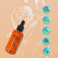 Manic Panic hair oil bottle with dropper on a beige background with product features displayed.