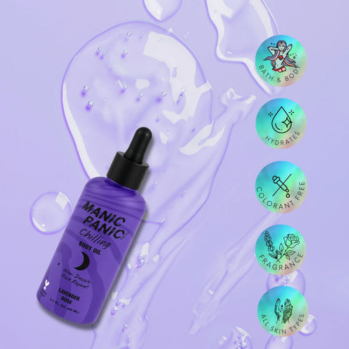 Bottle of Manic Panic bath and body oil on a purple background with brand 