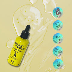Bottle of Manic Panic bath and body oil on a yellow background with brand 