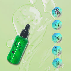 Bottle of Manic Panic bath and body oil on a green background with brand icons.